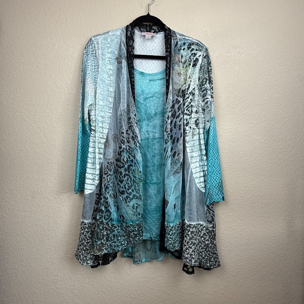 Kamana Blue Layered Tunic Duster Lace Mixed Animal Print Lagenlook Art to Wear S